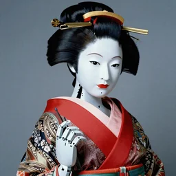full length portrait of a Japanese robot geisha, fashion studio lighting, 35mm, close-up