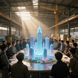 large group people in a frame warehouse, looking at hologram of futuristic city on a table, cinematic concept art, godrays, golden hour, natural sunlight, 4 k, clear details, tabletop model buildings, center model buildings, hologram center, crane shot, crane shot, crane shot