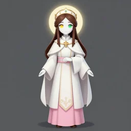 full body portrait of a cleric, female, young, cute, white robes, pink clothes, holy, simplistic, circlet, spirits, brunette, white skin, heterochromia yellow and green, high fantasy, extremely detailed, smooth, sharp focus, digital illustration, by artgerm, rossdraws, wlop, collectible card art