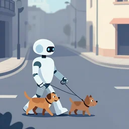 a robot walking a dog on a leash in an empty street. clean cel shaded vector art. shutterstock. behance hd by lois van baarle, artgerm, helen huang, by makoto shinkai and ilya kuvshinov, rossdraws, illustration, art by ilya kuvshinov