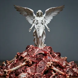 angel of death standing on top of a big pile of meat, flesh, bone, blood