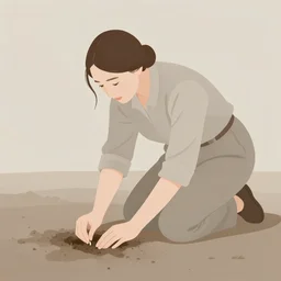 farmer woman on her knees planting a seed in the ground, limited neutral palette, by petros afshar, anton fadeev, dean ellis, beautiful graphic full body portrait, propaganda poster art 1 9 7 0 s illustrated advertising art, painterly character design