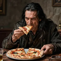 a grumpy old danish man with long black hair eating pizza while DMing an AD&D game, D&D, rogue, dark hair, skinny, middle aged