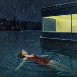 Elle Fanning drowning at night in the world of Edward Hopper, stormy snowy weather, extremely detailed masterpiece, oil on canvas, low-key neon lighting, artstation, Blade Runner 2049, Roger Deakin’s cinematography, by J. C. Leyendecker and Peter Paul Rubens,