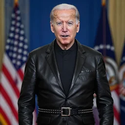 joe biden in a black leather suit with a studded belt, black eye liner and black lip stick.