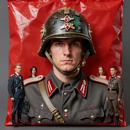 portrait of a third reich soldier in ornate military fighter helmet in a helmet background red plastic bag, circuitboard,, rich deep colors, ultra detail, by francis bacon, james ginn, petra courtright, jenny saville, gerhard richter, zdzisaw beksinsk, takato yamamoto. masterpiece, elegant fashion studio ighting 3 5 mm