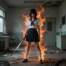 School girl holding a katana and standing on an abandoned hospital room, horror sccene. By William-Adolphe Bouguerea, Jordan grimmer, fractal flame. Highly_detailded