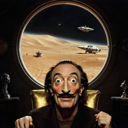 background : a huge porthole in which space, planet arrakis, and spaceships are visible | foreground : crazy magnificent face of salvador dali, sits on a gold chair in a dark room | from the movie by alejandro jodorowsky with the cinematography of christopher doyle and art direction by hans giger, anamorphic lens, kodachrome, 8 k
