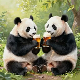 Painting of two pandas drinking a Belgian trappist outside in the sun
