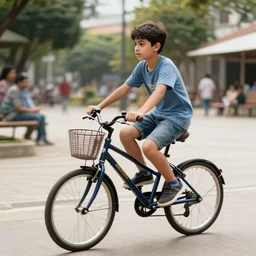 um garoto andando de bicicleta na praca