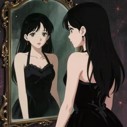 beautiful girl in a black dress looking in a mirror ; 9 0 anime style ; takehiko inoue style ; dark colors ; mystic