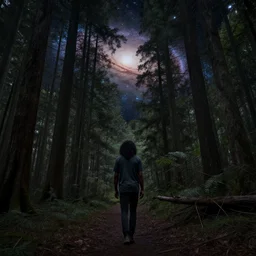 a black man with long curly hair, with his back turned, walking into a deep dark florest, Andromeda Galaxy on the background sky, photorealistic, 20mm lens wide panoramic shot, 8k, 4k, realistic, detailed, artstationHD, artstationHQ