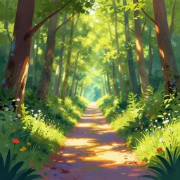 colorful sylvain sarrailh illustration of a view down an empty forest tunnel, brightly illuminated by rays of sunlight, wildflowers, artstation
