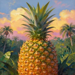 closeup, giant pineapple under head, girl surrounded by djungle, surreal photography, golden hour, colorful clouds, impressionist painting, digital painting, artstation, simon stalenhag