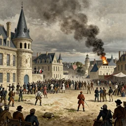 fashion editorial french revolution storming of the Bastille. wide angle shot. highly detailed. photography.