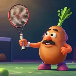 a wholesome animation key shot of a potatoe playing tennis with a macho carrot, medium shot, waist up, pixar and disney animation, sharp, rendered in unreal engine 5, anime key art by greg rutkowski, bloom, dramatic lighting