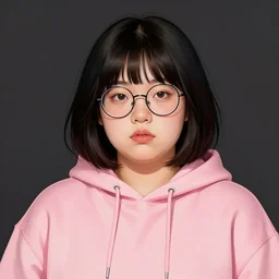 portrait of a slightly overweight korean girl with a Bob cut, bedhead, wearing round glasses, wearing a pastel pink hoodie, dramatic lighting, illustration by Greg rutkowski, yoji shinkawa, 4k, digital art, concept art, trending on artstation