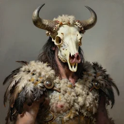 a hyper detailed painting of joaquin phoenix with a crown made of animal bones, cow horns, pig nose, sheep wool, chicken feather armor, horror, by anna podedworna, by miklos ligeti, by diego maricato, by taran fiddler, by antonino truisi, by chris reddie, by jinsung lim, trending on artstation