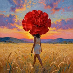 giant red carnation afro head, full body, full body, girl walking in a wheat field, surreal photography, hills, sunrise dramatic light, impressionist painting, colorful clouds, digital painting, pointillism, artstation, simon stalenhag