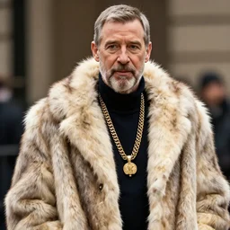 mr. rogers in a fur coat, gold chains, og hustler, in the hood
