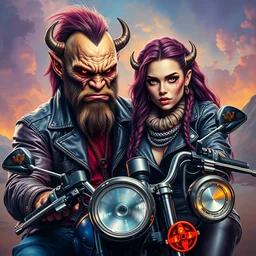 portrait of an apocalyptic scifi orcish biker dude and his babe girlfriend posing with a motorcycle, psychedelic vibrant colors, highly detailed oil painting by michael whelan art, futuristic punk rock fashion, perfect face, sharp focus, detailed eyes, realistic, leather jacket, 8 k