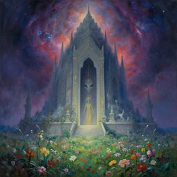 a beautiful painting of a large alien shrine shrouded by mystic nebula magic in a field of flowers by hiroshi nagai