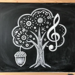 a chalkboard drawing of an acorn that turns into a tree in the shape of a treble clef with some fun patterns, playful and rustic