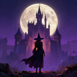 a witch is standing on the foreground, in the background is a castle in front of the full big moon, fantasy digital wallpaper, fantasy digital art, purple, orange, blue colors, cinematic lighting
