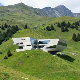 lush and beautiful green mountain landscape, with a brutalist futuristic building, architecture, unpainted concrete, swiss alps, dolomites, glass and mirrors, by aalto alvar, by ando tadao, by chipperfield david, frank lloyd wright, by peter zumthor