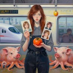 tall emo girl artist holding small portraits and a persimmon on a train, on shinkansen in tokyo, shinagawa station, pigs, octopus, acrylic on canvas, surrealist, by magritte and monet