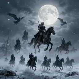 the wild hunt, spectres, riding in the sky, blizzard storm, fog, full moon, snowy environment, bad omen, in the style of the witcher series, hyperrealism, breathtaking, award winning, groundbreaking, octane render, unreal 5, intricate digital art, 8 k hi - res