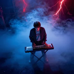 dwight schrute playing the keytar with a vengance, dramatic scene, heavy blue fog, red lightning, ultra wide angle, movie still, photorealistic, stranger things, netflix, upside - down, colorful lighting, grainy, aerial shot, shot from above, movie still