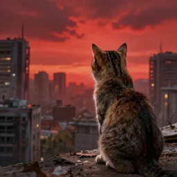 cat watching post apocalyptic city with burning red sky