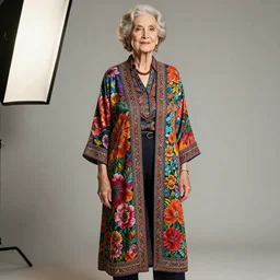 an elderly woman dressed in extremely colorful clothes with floral patterns posing for a high fashion photoshoot