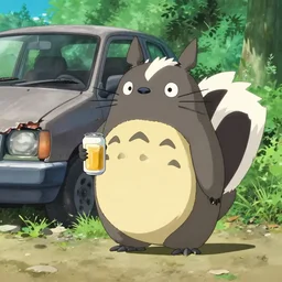 anime key visual of the cutest anime pokemon skunk character, holding a can of beer, on the side of the road, next to a broken down vehicle, in my neighbor totoro ( 1 9 8 8 ) by hayao miyazaki