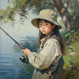 oil painting by ilya kuvshinov,, baugh casey, artgerm craig mullins, coby whitmore, of a youthful japanese girl, long hair, fishing and wearing fisherman's outfit, fisherman's hat, highly detailed, breathtaking face, studio photography, noon, intense bounced light, water reflection, large tree casting shadow, serine intense sunlight in the style of zack snyder