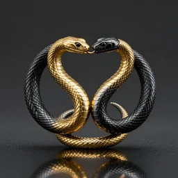 amulet with two snakes biting each other\'s tails, forming an oval. one snake is golden the other one is black, reflections, photorealistic, product photo