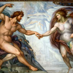 humanity and ai touching hand, the creation of Adam, Fresco painting by michelangelo style