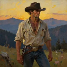 a beautiful painting of a cowboy wearing ripped clothing, mountain scene, golden hour, by mark maggiori, by tom of finland, homoerotic, romantic, intense, dramatic