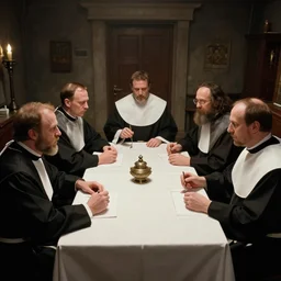 a group of christian priests wearing black and white cassock playing dungeons&dragons sitting around a table in 90's basement by artgerm and Craig Mullins, James Jean, Andrey Ryabovichev, Mark Simonetti and Peter Morbacher 16k