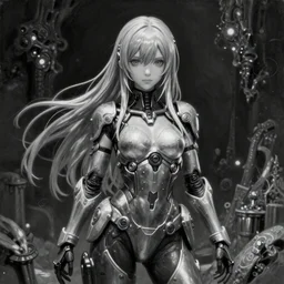 By Tom Bagshaw, ultra realist soft painting of an attractive cyberpunk anime female fully armored figurine with thin lustrous long hair floating, photorealistic eyes render looking at camera, curiosities carnival, symmetry accurate features, very intricate details, focus, dark fantasy background black and white