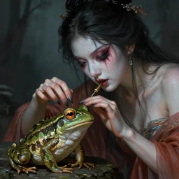 scary godlike fairy killing a frog , petite , upper body , epic , traditional makeup , gorgeous features , Post-processing , low angle , Greg rutkowski legendary matte painting , masterpiece