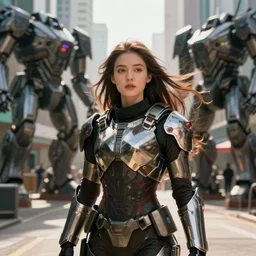 portrait cinematography of beautiful young female, clothed in sci-fi military armor, long hair blowing in the wind. Giant mechs in the streets of Hong Kong. by Roger Deakins