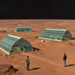 Mars surface with space architecture greenhouses, Edward Hopper and James Gilleard, Zdzislaw Beksinski, Mark Ryden, Wolfgang Lettl highly detailed, hints of Yayoi Kasuma