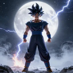full shot of angry darkness warrior style goku super saiyan at moonlight, snowing, lightning bolt, eruption, detailed, unreal engine 4k volumetric light, fog,