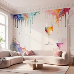 a modern indoor room covered with insanel detailed splahing colorfull liquid oilpaint drips and growing wines on the walls, clean architecture, pastel colored, baroque, a couch, a couch table, daylight, peaceful, 8 k, octane render