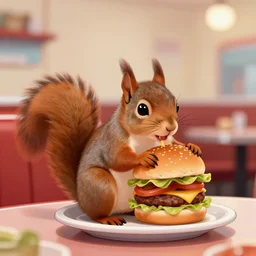 a lonely squirrel eating a burger in a diner, digital art, trending on ArtStation