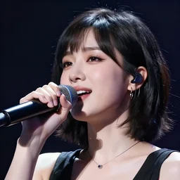 The face of a beautiful woman, with short black hair on stage singing into a microphone. 4K HD Wallpaper. Premium Prints Available