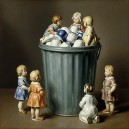 a painting of a garbage pail kids ceramic toys catalog, a flemish baroque by dino valls, trending on zbrush central, classical realism, flemish baroque, hyper realism, chiaroscuro
