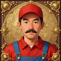 highly detailed vfx portrait of a man with a mustache wearing a red shirt, blue overalls, and a red cap, art by bayard wu, digital illustration, ornate details,